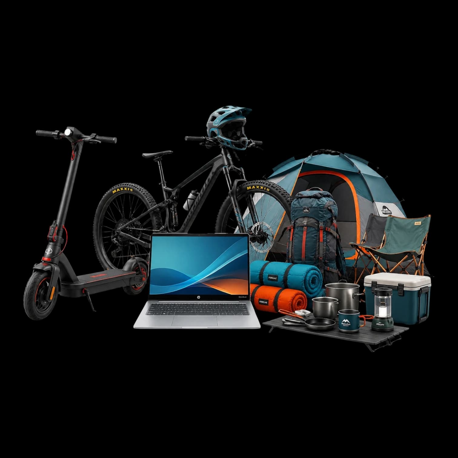 Premios del sorteo 1: bicicleta, monopatín eléctrico, notebook y equipo de camping.