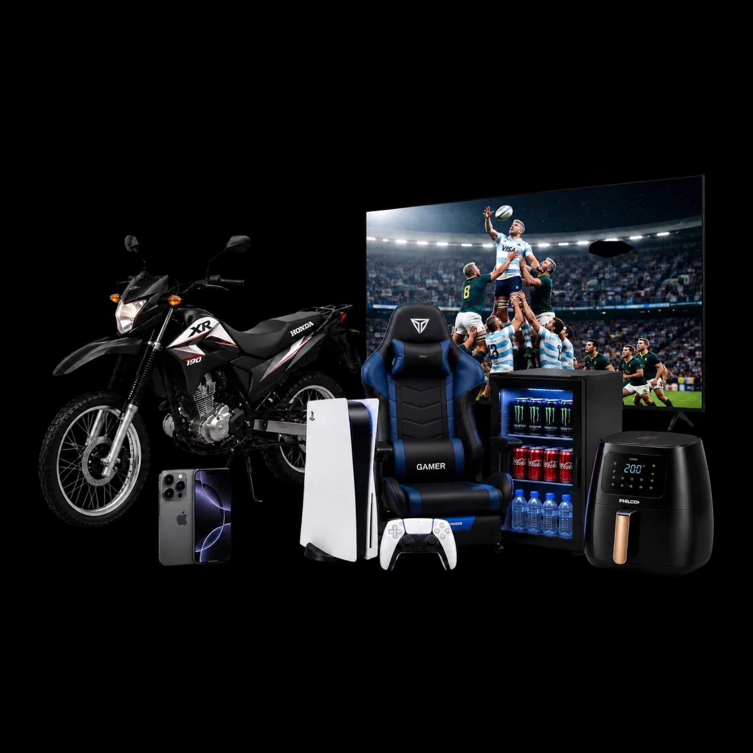 Premios del sorteo 3: moto Honda, televisión, silla gamer, consola, teléfono y freidora de aire.
