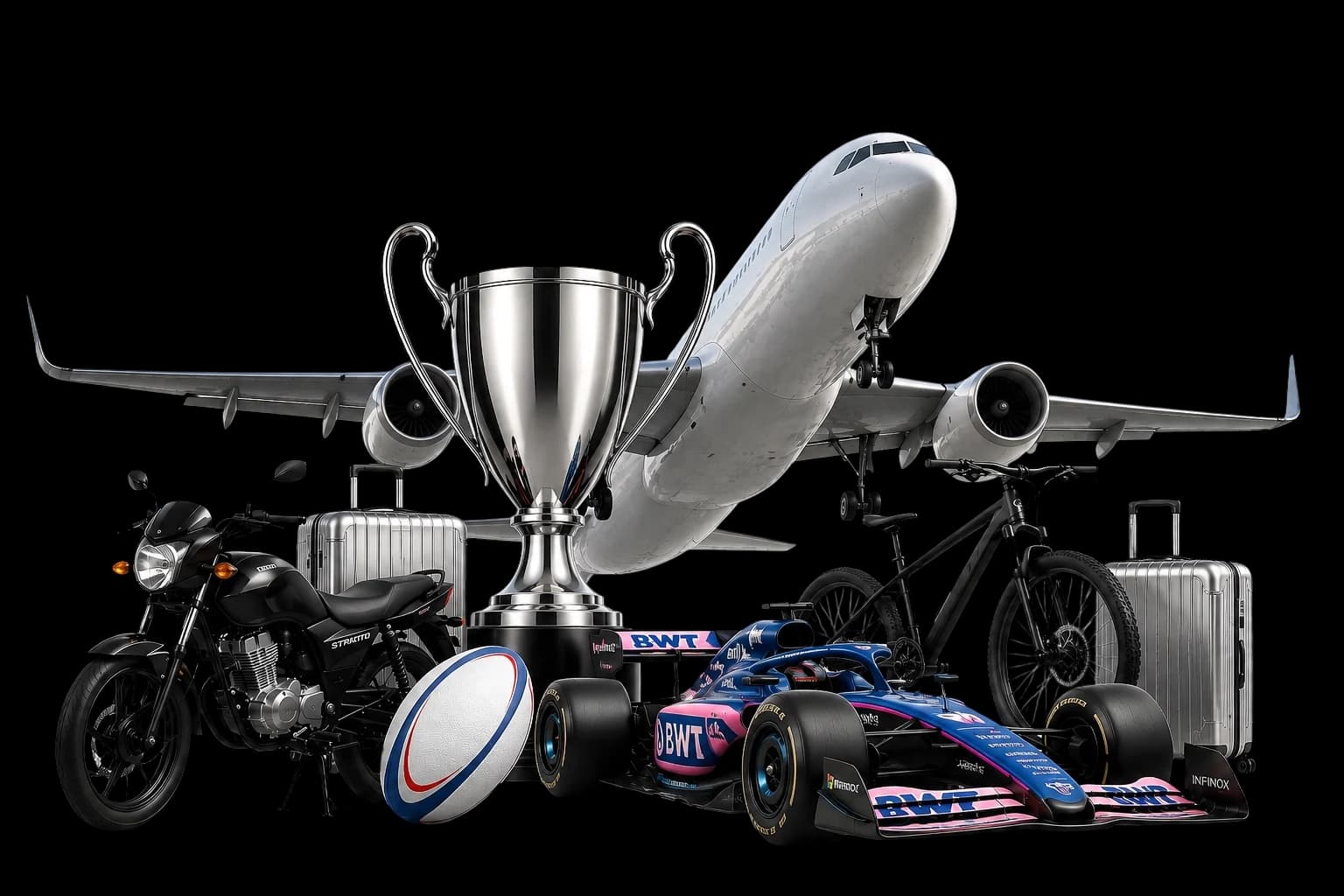 Premios del sorteo final: viaje, trofeo, auto de Fórmula 1, moto, bicicleta y valijas.